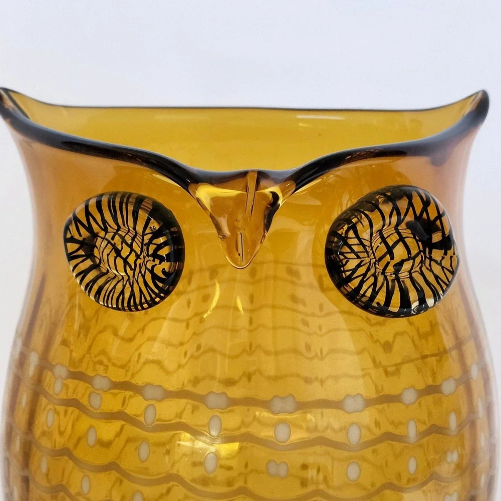 Amber Hand Blown Art Glass‎ Owl Hurricane Vase White Swirl Mid Century Style
